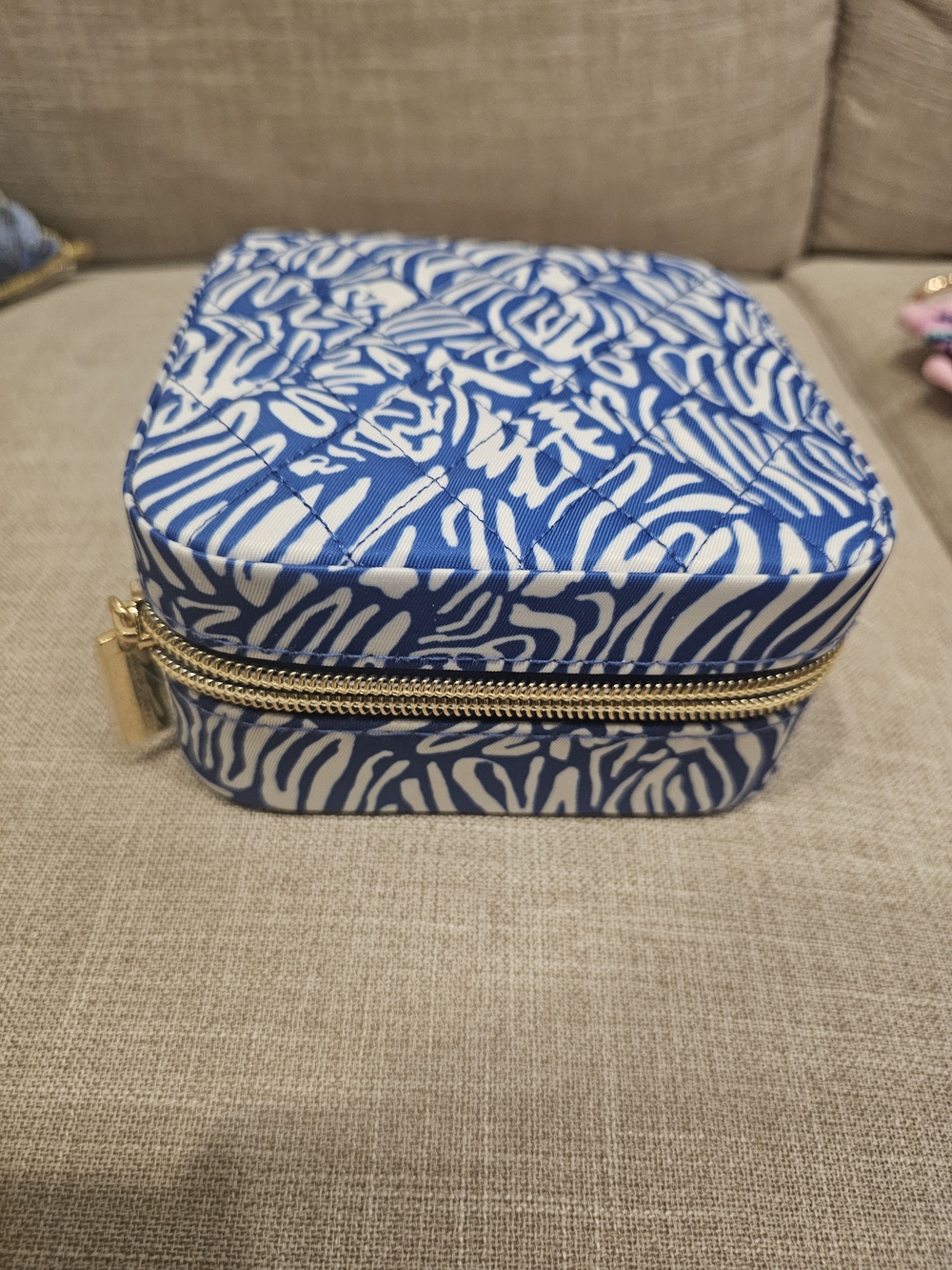 Lilly Pulitzer Blue and White Zebra Print Quilted Jewelery Storage Case